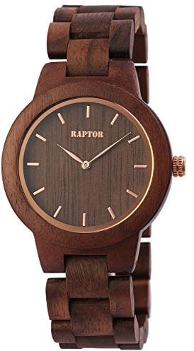 Raptor Damen-Holzuhr Edelstahl Butterflyschließe Natur Analog Quarz RA10208 (Walnussholz)