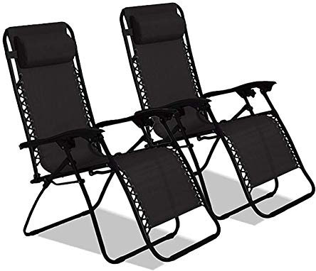 HMWD Set Of 2 Folding Garden Chairs With Cup And Phone Holder, Zero Gravity Reclining Sun Loungers Outdoor, Adjustable, Textiline, Portable Recliner - Black
