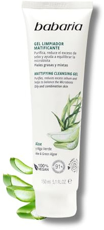 Babaria - Gel Limpiador Facial Piel Grasa o Mixta 100ml | Minimiza los Poros y controla el Sebo | Limpieza Facial Formulada Con Aloe Vera | 100% Vegano