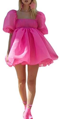 Women Puffy Sleeve Prom Dresses MechTulle Evening Dress Square Collar Ruffles Princess Ball Gown Mini Dress (Rosy, Large)