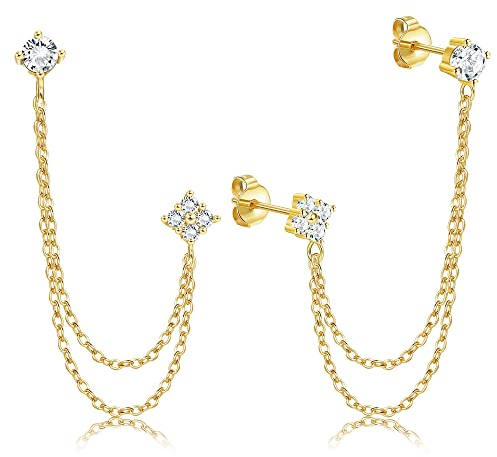 KRFY Ketten Ohrstecker S925 Sterling Silber für Damen Mädchen 18 Karat Vergoldet Minimalistisch Kletterer Crawler Quaste Kette Baumeln Tropfen Ohrstecker mit Funkelnden CZ für Empfindliche Ohren
