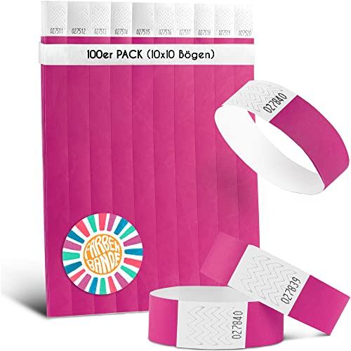 FARBEN BANDE® 100 Einlassbänder Neon Pink/Eintrittsbänder 19mm aus Tyvek/Party Bändchen reißfest, wasserdicht und nummeriert/farbige Partybänder/Einlassbändchen für Party, Festival & Feste