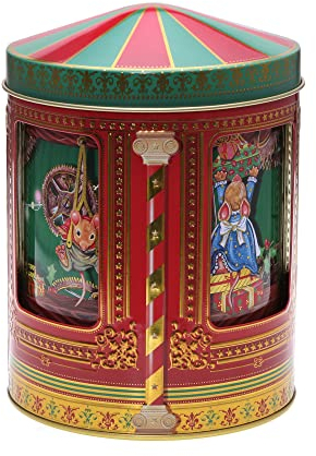 POWERHAUS24 Retro nostalgische Blechdose Santa Claus mit Spieluhr im Dosenboden, Geschenk, Aufbewahrung, Spielzeug, Deko, lebensmittelecht, ca. 12 cm x 16,5 cm, 2 Rezepte inklusive