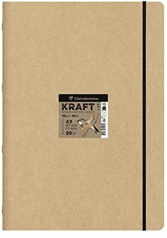 Clairefontaine 975939C - Skizzenbuch Kraft Natur DIN A3 29,7x42cm, geheftet, 20 Blatt 115g, ideal für Multitechniken, 1 Skizzenbuch
