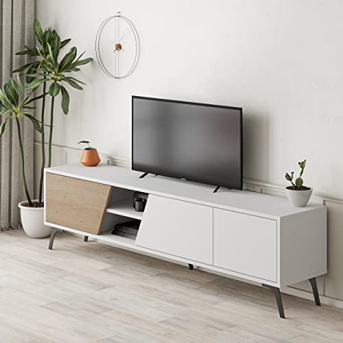 Vep Home Mueble de TV Fiona 180 cm - Estructura Metálica Negra - Medidas 180x35,6x48 cm - Funcional y Estilizado para Salones Contemporáneos - Diseño Moderno en Blanco y Roble
