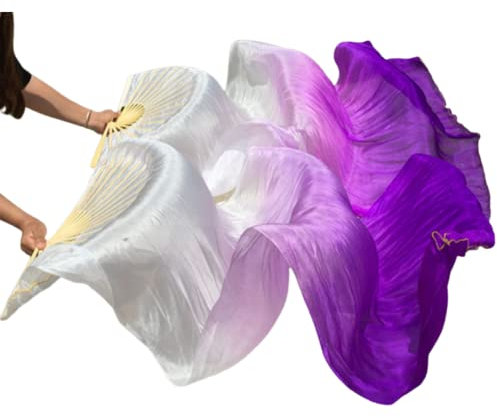 SNOWAQUA Belly Dance Faux Silk Veil Fans, 1 Pair (Left+Right) Faux Silk Bamboo Long Fans Veils, Handmade Belly Dance Dancing Silk Fans, Dance Performance (Style15, 35.4 * 70.8'')