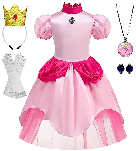 WIOLETA Princess Peach Costume Peach Kostüm Rosa Prinzessin Kleid Mädchen Prinzessin Kostüm Mädchen mit Krone, Ohrringen, Halskette, Handschuhen für 3-10 Jahre