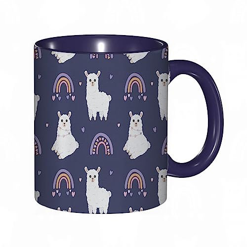Tasse Keramik Niedliches Cartoon-Lama-Alpaka,Regenbogen-3D-Tierthema,südamerikanische Tiere,blau Kaffeetassen Große 330ml Mit Henkel 100% Handbemalt Trinkgläser Mit Griff Personalisierte Geschenk