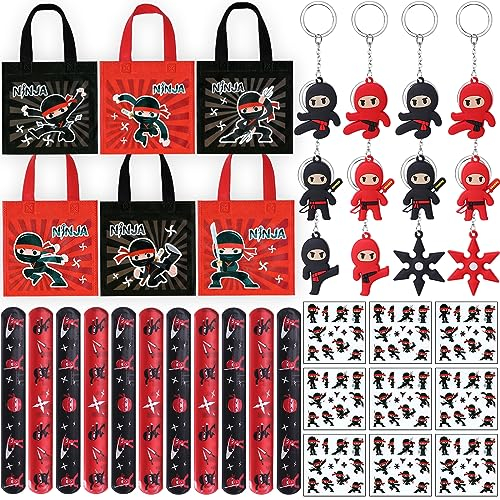 vamei Ninja Party Mitgebsel Kindergeburtstag Junge mit Ninja Slap Armbänder Schlüsselanhänger Ninja Thema Non Woven Taschen Ninja Tätowierungen für Give Aways Kindergeburtstag Kinder