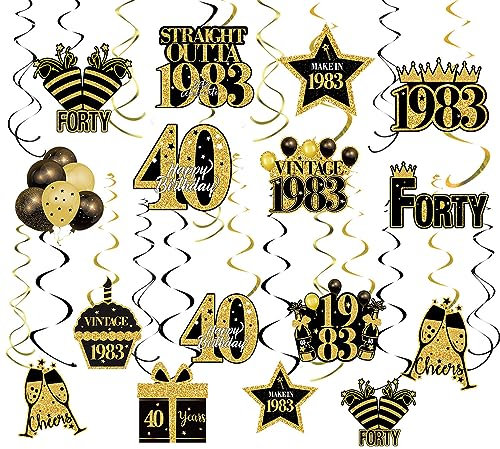 30 pcs Black Gold Birthday Decorations Hanging Swirls, Retro 1983 40th Birthday Ceiling Party Supplies for Men Women (40 th)