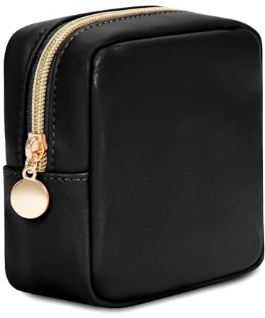 Trousse de Maquillage Femmes Petit Mini Pochette de Rangement Cosmétique Portable avec Poches Intégrées Pochette en Cuir Végétalien, Noir Brevet en Instance