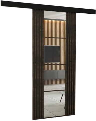 KIER FURNITURE Wandschiebetüren mit Spiegeln EMPI 80 – Schiebetür Komplettset Schiene Komplettset Mit Tür – Zimmertüren Mit Zarge Komplett - B86xH205xT1,6 cm - Esche Dunkel