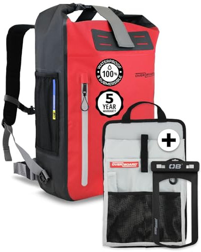 Overboard Wasserdichter Rucksack, 45 l, Roll-Top, schwimmende Trockentasche für Kajak, Strand, Bootfahren, Wandern, Angeln, Rafting, inklusive wasserdichter Handytasche und Rucksack-Organizer, Rot
