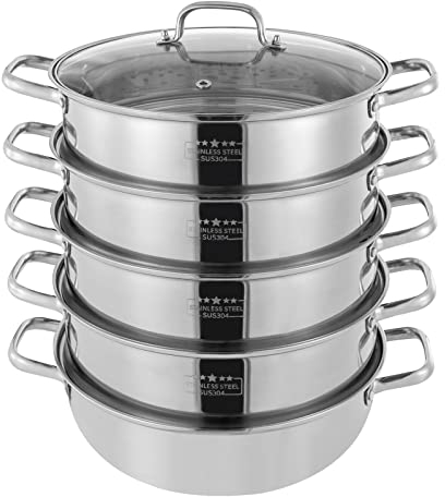 Vaporera de 5 capas, de acero inoxidable, tapa de cristal, para inducción, acero inoxidable (32 cm)
