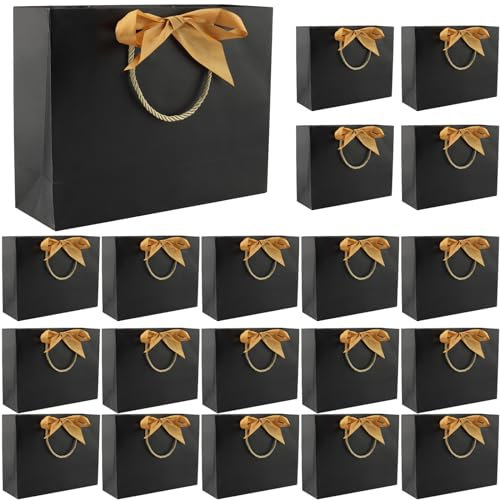 ZEONHEI 20 PCS Black Paper Gift Bags with Gold Bow Ribbon, Black Party Present Bag with Handles, Paper Party Favor Bag for Birthday, Christmas, Wedding, 32 x 25 x 11cm