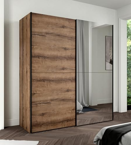 Forte KAIKAIS Kleiderschrank 170, Schrank mit 2 Schwebetüren, Spiegeltür, Kleiderstange, klassischer Kleiderschrank, Holzwerkstoff, Edeleiche Holzdekor, 170,3 cm breit x 190,5 cm hoch x 61,2 cm tief