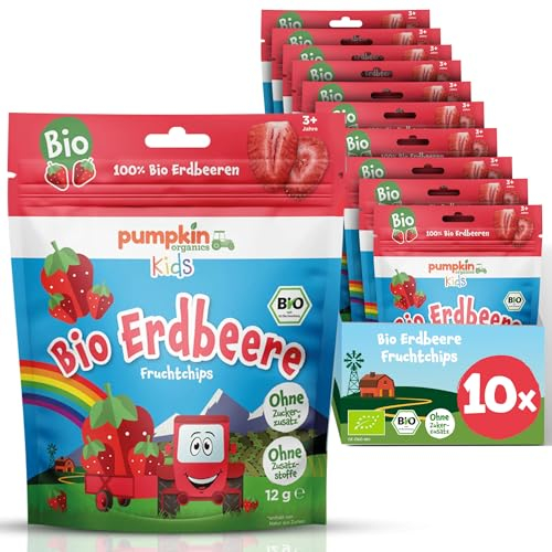 Pumpkin Organics gefriergetrocknete Bio Erdbeere Fruchtchips (10er Pack) aus 100% Bio Zutaten - Kindersnack (3+ Jahre) ohne Zuckerzusatz¹ und im praktischen wiederverschließbaren Beutel (10x12g)