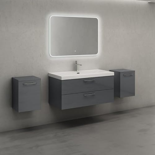 doporro Badmöbel-Set Badzimmerschrank Waschbecken-Unterschrank Wandmontage BTH: 100x48x50 cm in Grau Hochglanz inkl. Mineralguss-Waschbecken Bavaria