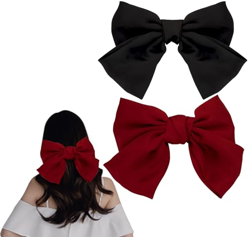 Capelli Fiocco Grande, 2 Pezzi Fermaglio per Capelli con Fiocco, Elegante Mollette Fiocchi Nastro di Raso, Rosso Mollette per Capelli Donna per Partecipare a Matrimoni (Nero+Rosso)