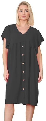 V Neck Solid Short Frill Button Dress Women Sleeve Front Button Summer Smock Midi Dress UK. Black