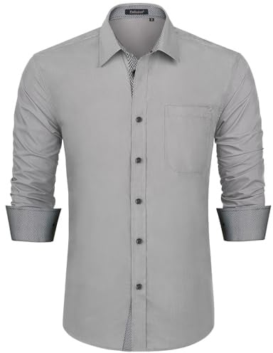 Enlision Shirts for Men UK Long Sleeve Mens Smoke Grey Dress Formal Shirts Elegant Button Down Slim Fit Wrinkle Free for Wedding Business Work S