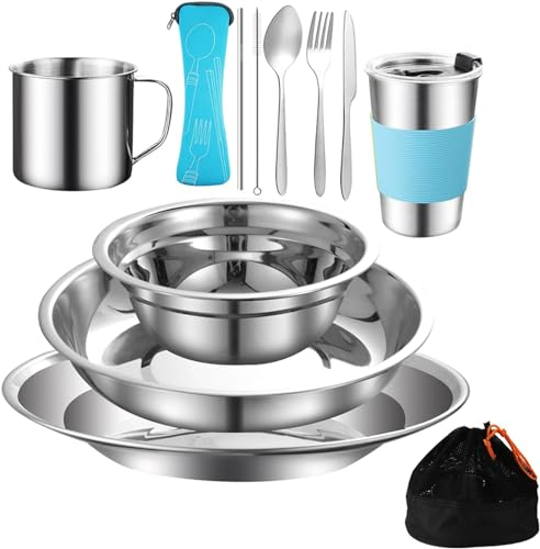 Outdoor Camping Besteck Set Edelstahl Geschirr für 1-2 Person Camping Geschirr Mess Kit Komplettes Geschirr Set 12 in 1 Flatware Kit mit Mesh Tasche für Camping, Rucksack, Wandern