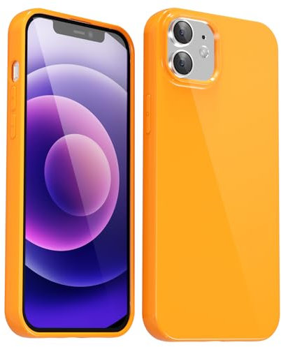 Svanove for iPhone 12 Mini Case Silicone, Glossy Soft Rubber Gel Jelly Cute Protective Plastic Simple Plain Phone Case Cover for Women Girl, Slim Thin Flexible Shockproof TPU, Neon Orange