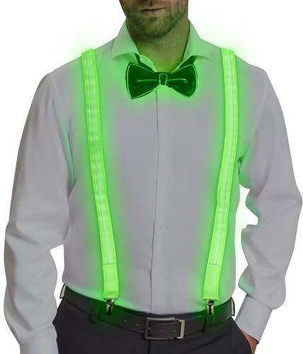 CPROSP 2tlg LED Hosenträger Herren mit Fliege Grün, Herren-LED-Hosenträger Leuchtende Adjustable, 3 Modes für Musik Festival, Halloween-Kostümparty, Weihnachtsgeschenke, Rave-Party