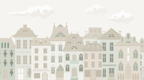 UNIK Nordic Vliestapete, BxH 200x250 cm, Pastell Stadt Aquarell, Tapete bunte Häuser, Fototapete Baby- und Kinderzimmer, XXL Kindertapete in hellen Farben, Haus City Motiv, Made in Germany