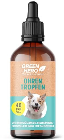 Green Hero Ohrentropfen 100 ml mit ionisch & kolloidalem Silber 99,99% 40 PPM für Hunde,Katzen & Kleintiere | Pflegende Ohrtropfen zur Regeneration bei Entzündungen, Infektionen & Juckreiz