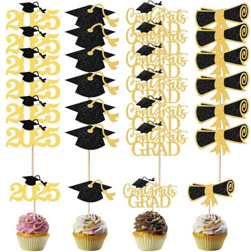 24-teilige Cupcake-Topper zum Schulabschluss 2025, Abschlussparty-Dekorationen, 4 Stile, Abschlusskuchen-Dekorationen von 2025, Kuchentopper, Abschlusskuchentopper, Klasse mit Abschlusskappe