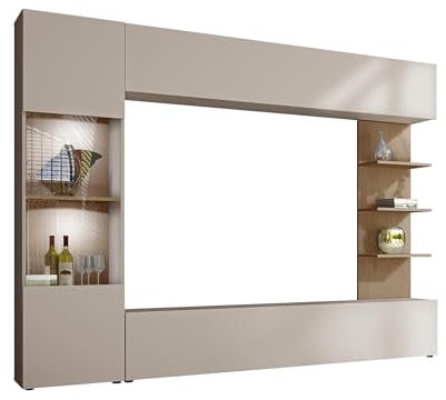 Wohnwand Lazando, Anbauwand, Mediawand, Schrankwand bestehend aus Hängeschrank, Vitrine, TV-Lowboard und Wandregal (Cashmere/Cremona Eiche, mit weißer LED Beleuchtung)