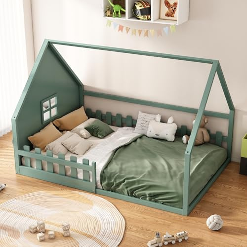 Kinderbetten 140x200 cm, Montessori Bodenbett für Kinder mit Lattenrost, Rausfallschutz, Kinderbett aus Massivholz, Grün
