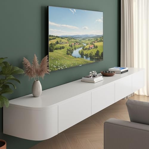 Kroscro White Floating TV Unit, Wall Mounted TV Unit, TV Wall Unit for Living Room with Drawers Storage Modern Floating TV Cabinet Stand Suitable for living room or bedroom (White,160cm/63in)