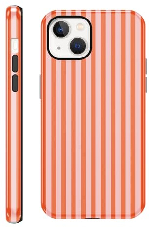 Tivkofk Ctue Striped Phone Case for iPhone 15 6.1'', Orange | Aesthetic Retro Chic Stripe Pattern, 2-in-1 Double Layer, Shockproof Protective, For Women Girls Men