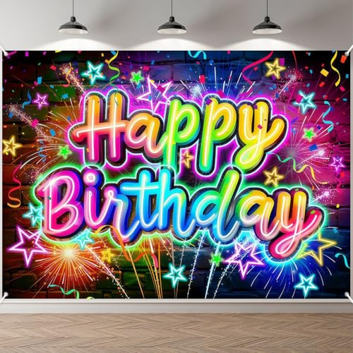ANOMM Neón Pancarta de Cumpleaños, Birthday Banner Fiesta, 210x150cm | para Decoraciones, Extra Grande Fondo de Fotomatón para Fiestas de Cumpleaños Cartel Decorativo Póster para Niñas y Niños