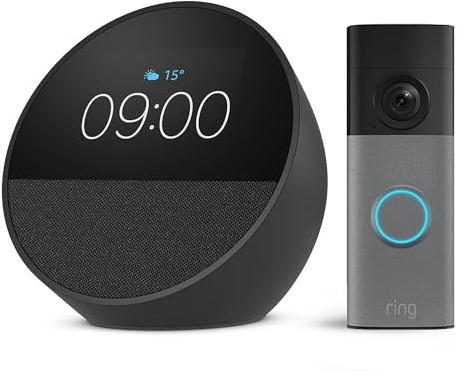 Amazon Echo Spot (neueste generation), Schwarz + Ring Akku-Videotürklingel (Battery Video Doorbell) (neueste Gen.), Gesprenkeltes Grau