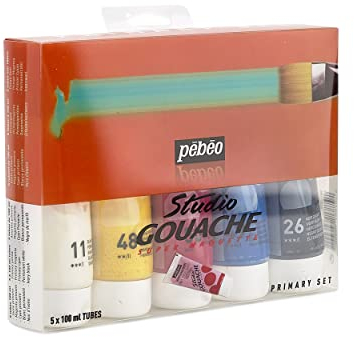 Pébéo Gouache Pack Primaire Assortiment de 5 Tubes de 100 ml Couleurs Assorties