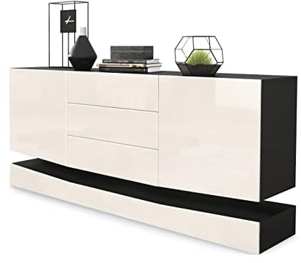 Vladon Sideboard City, Made in Germany, Schwarz matt/Creme Hochglanz - Moderne Kommode für Ihr Wohnbereich (178 x 72 x 38 cm)