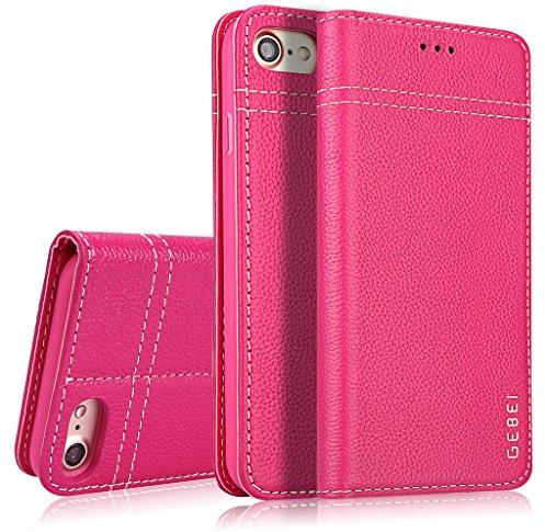 iPhone 8 Echt Ledertasche/iPhone 7 Handyhülle 4,7 Zoll, Gebei Kriegsschiff Serie Klapp-Handy Shell Schutzhülle mit unsichtbare Magnetknopf für iPhone 8/iPhone 7 (Rose rot)