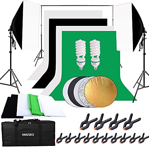HAKUTATZ® Profi Fotostudio Greenscreen Set 4X Hintergrundstoff (schwarz, weiß, grün) 5-in-1 Reflektor mit Stativ Softbox Photo Lamp Set Studiosets for Product Portrait Video Photography
