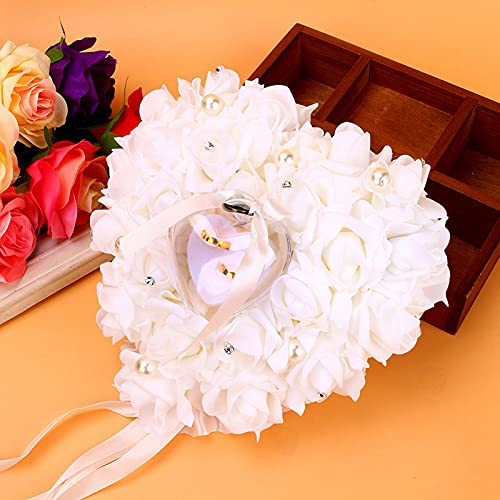 ZJchao, Cuscino per fedi nuziali, 15 x 13 cm, a forma di cuore, stile romantico, decorato con rose, per matrimonio, colore: bianco, cod. OY-CRY001