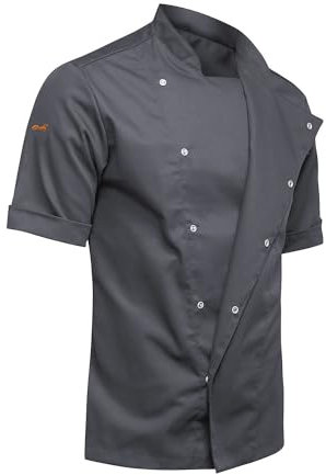 strongAnt Giacca cottone da Cuoco da Uomo Slim Fit Stretch BW con Bottoni a Pressione, Giacca da Fornaio - Manica Corta - Grigio, XXL