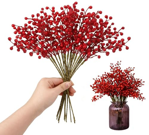 efivs arts Artificial Red Berry 8 Pack Holly Red Christmas Berries Stems for Xmas Tree Decorations Crafts, Thanksgiving Day Decor Fall, Valentines Day and Lunar New Year Decorations