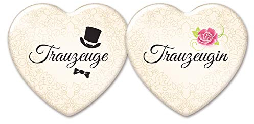 stylebutton Trauzeugen-Anstecker in Herzform: 2 romantische Buttons für Trauzeugin und Trauzeuge, Creme, 58 x 53 mm, als Hochzeit-Accessoire