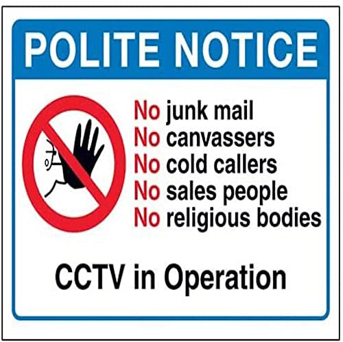 V Safety Polite Notice: No Cold Callers, CCTV In Operation Sign - 150mm x 100mm - Self Adhesive Vinyl