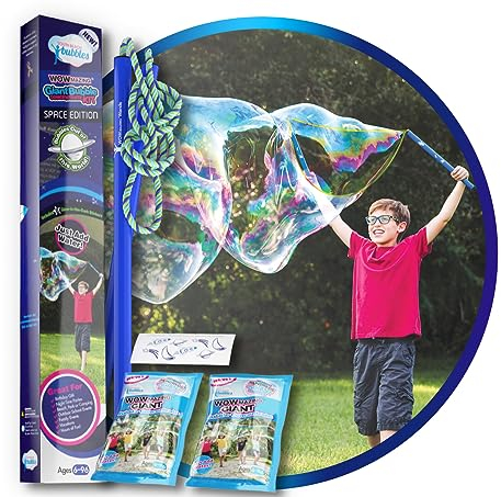 WOWMAZING Seifenblasen Groß Set Raum - Inkl. Seifenblasen Stab 2 Nachfüllpacks & 8 Leuchten im Dunkeln Aufkleber - Riesen Seifenblasen Kinder - Seifenblasen Set Aktivitäten im Sommer