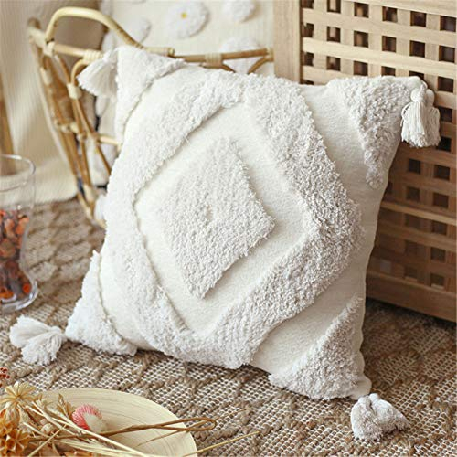 RAILONCH Marokko getuftete Boho Kissenbezüge, Dekokissen Super Weich Kissenbezug Quaste Kissenhülle für Sofa Schlafzimmer Wohnzimmer Auto Büro (Weiß,45x45cm)
