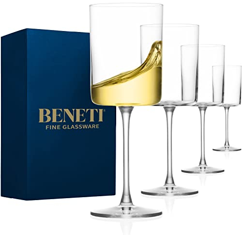 Superlative Edge Lot de 4 verres à vin carrés en verre transparent de qualité supérieure sans plomb Grand bol Verres à pied Verre soufflé Emballage de mariage [417 ml]