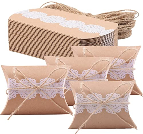 Pralinenschachtel Hochzeit, 50 Stück Geschenkbox Kissenform, Geschenkverpackung Kraftpapier, Verpackung in Kissenform, Geschenkbox mit Juteschnur, Spitze, für Hochzeiten, Partys, Geburtstag, Verlobung